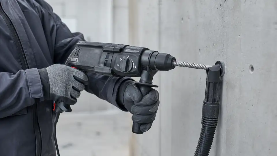 SDS-plus-Bohrhammer beim Bohren eines Lochs in eine Betonwand