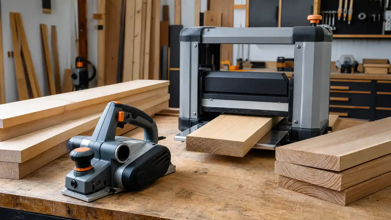 Handgeführter Elektrohobel und stationärer Dickenhobel mit Holzbrettern