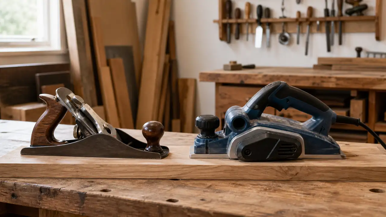 Handhobel und Elektrohobel nebeneinander auf einem Holzbretterstapel