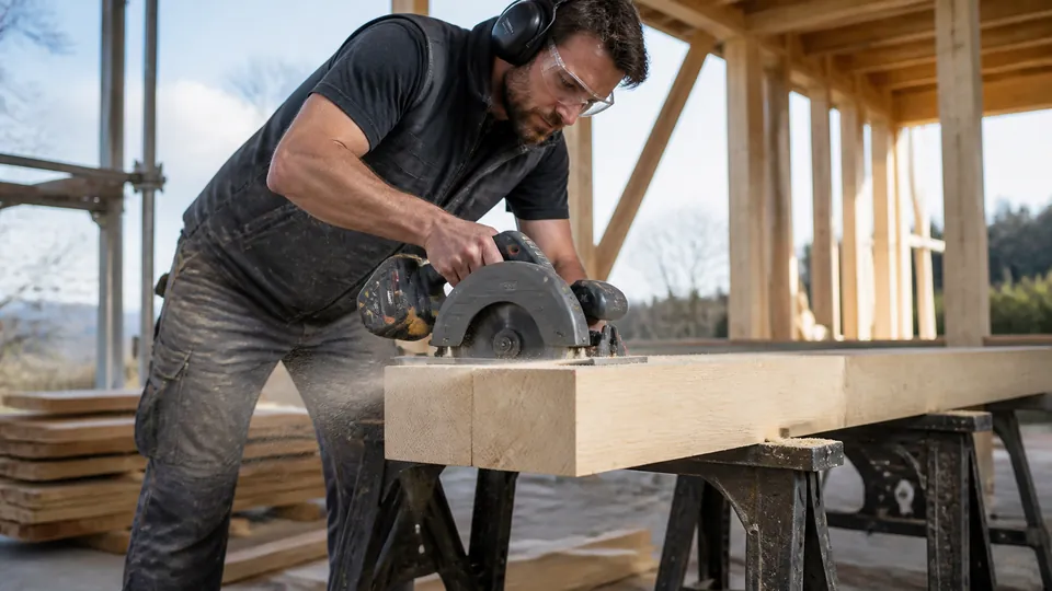Kräftige Handkreissäge beim Querschnitt durch einen auf Böcken fixierten Holzbalken