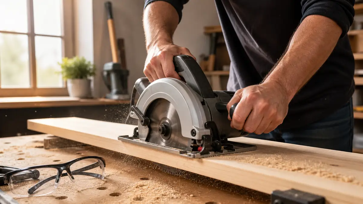 Heimwerker führt eine Handkreissäge kontrolliert durch ein Holzbrett auf der Werkbank