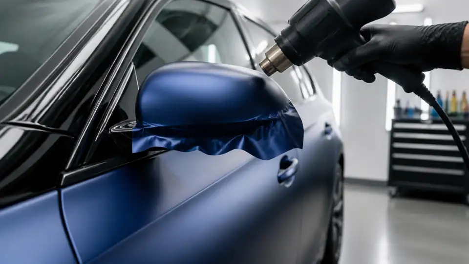 Heißluftgebläse beim vorsichtigen Erwärmen einer Vinylfolie an einem Autospiegel in einer sauberen Garage