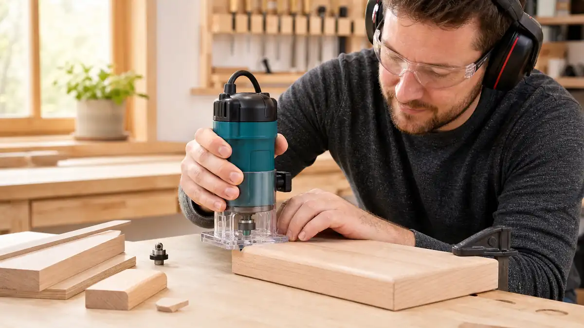 Anfänger rundet mit einer kompakten Kantenfräse die Kante eines gespannten Holzbretts ab