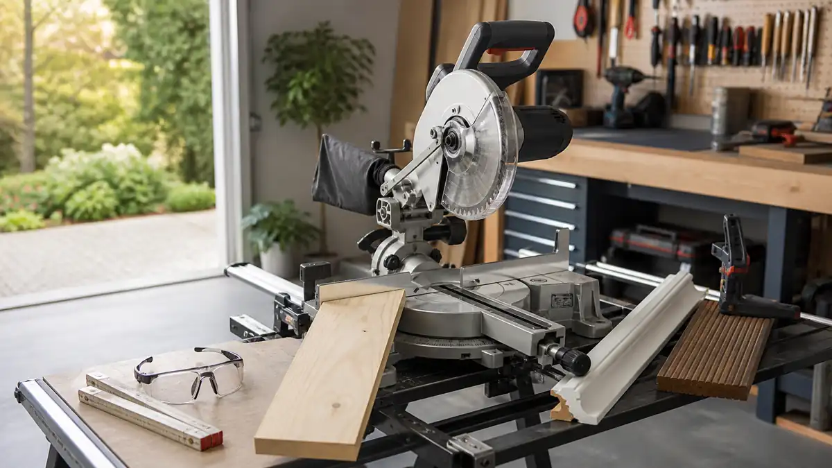 Kompakte Kappsäge in einer Hobbywerkstatt mit Holzleisten und Winkelmesser