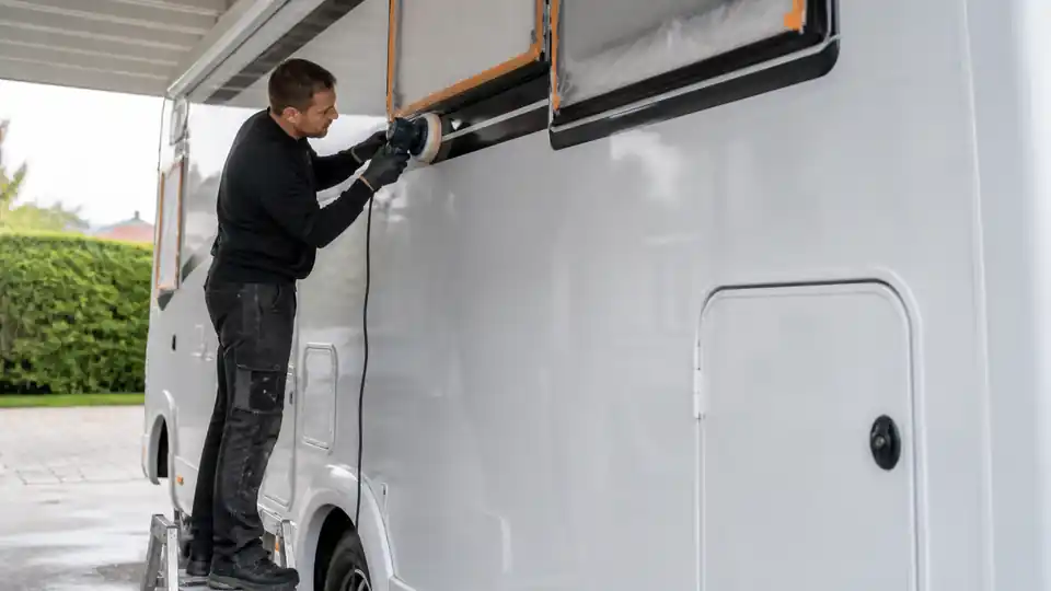Exzenterpoliermaschine beim Auffrischen der weißen Seitenfläche eines Wohnmobils