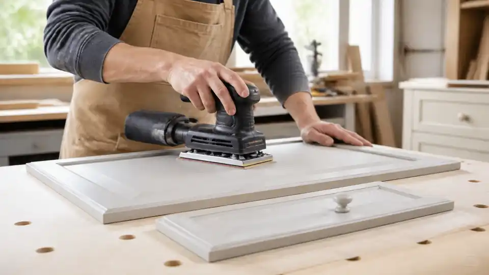 Schwingschleifer beim gleichmäßigen Zwischenschliff einer lackierten Möbelplatte in der Werkstatt