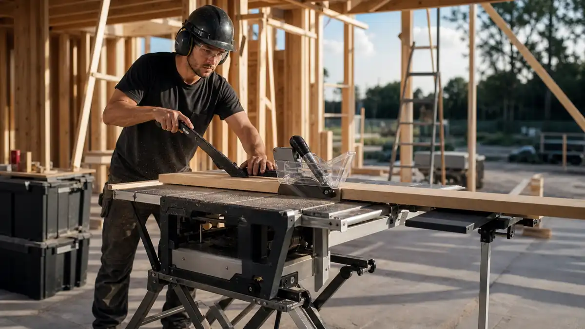 Mobile Tischkreissäge auf stabilem Untergestell bei einem Innenausbau auf der Baustelle