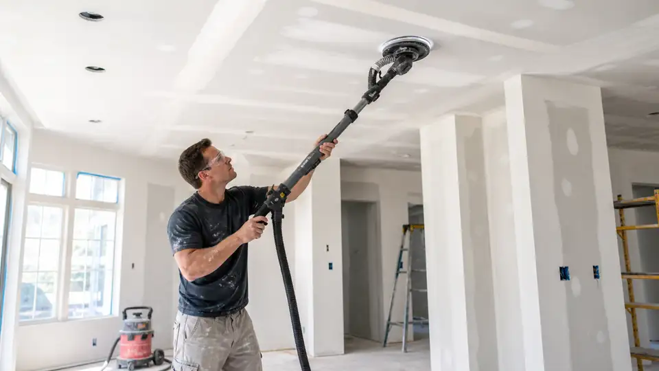 Langhalsschleifer beim Glätten einer gespachtelten Decke mit angeschlossenem Bausauger