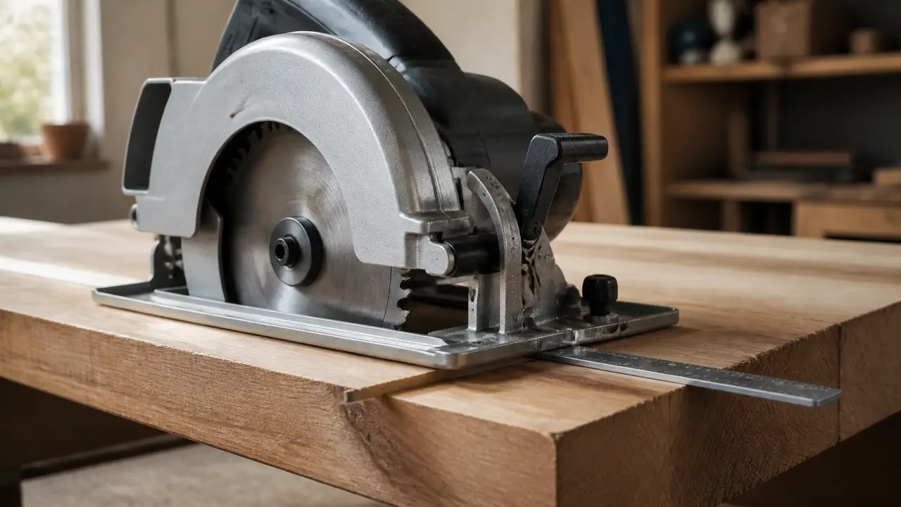 Handkreissäge mit eingestellter Schnitttiefe an einer Holzplatte