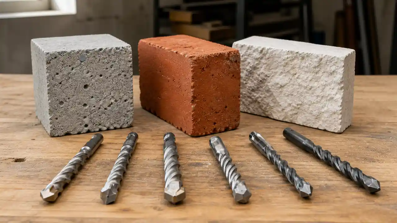 Betonbohrer und Mauerwerksbohrer neben Beton, Ziegel und Mauerstein