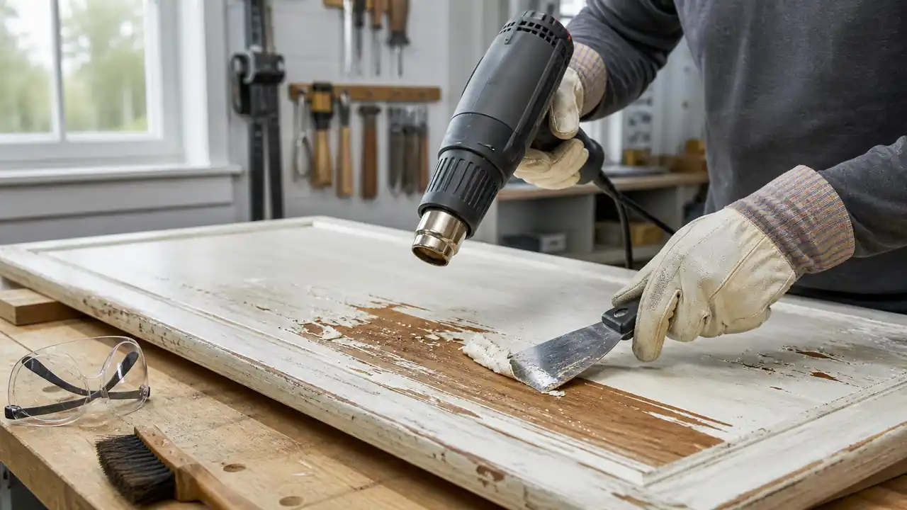 Heißluftgebläse erwärmt eine lackierte Holzfläche zum vorsichtigen Abschaben