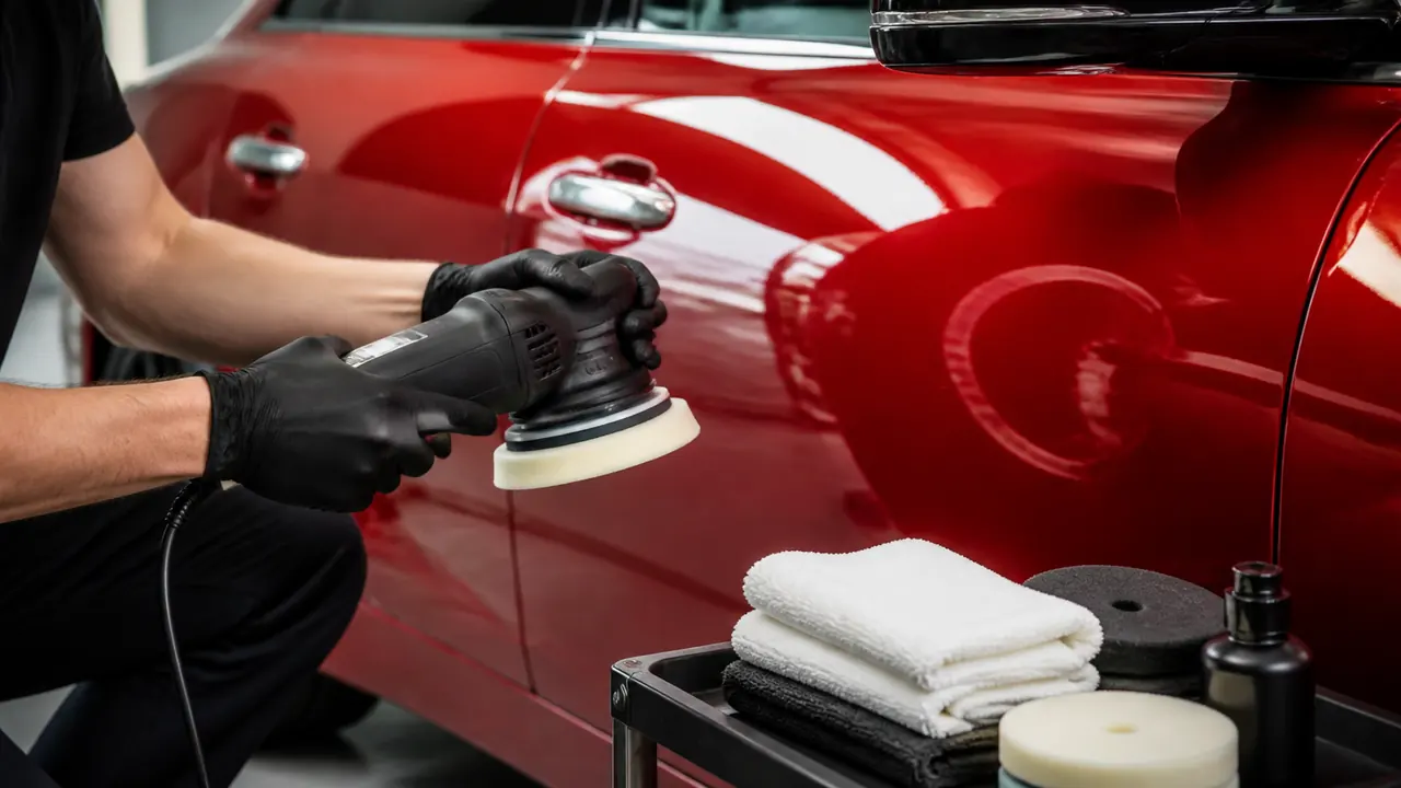 Exzenterpoliermaschine auf einer sauberen roten Autotür mit Polierpad