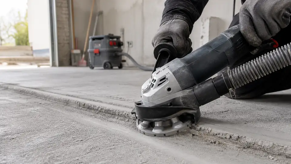 Winkelschleifer mit Diamanttopfscheibe beim Schleifen einer Betonfläche mit Absaugung