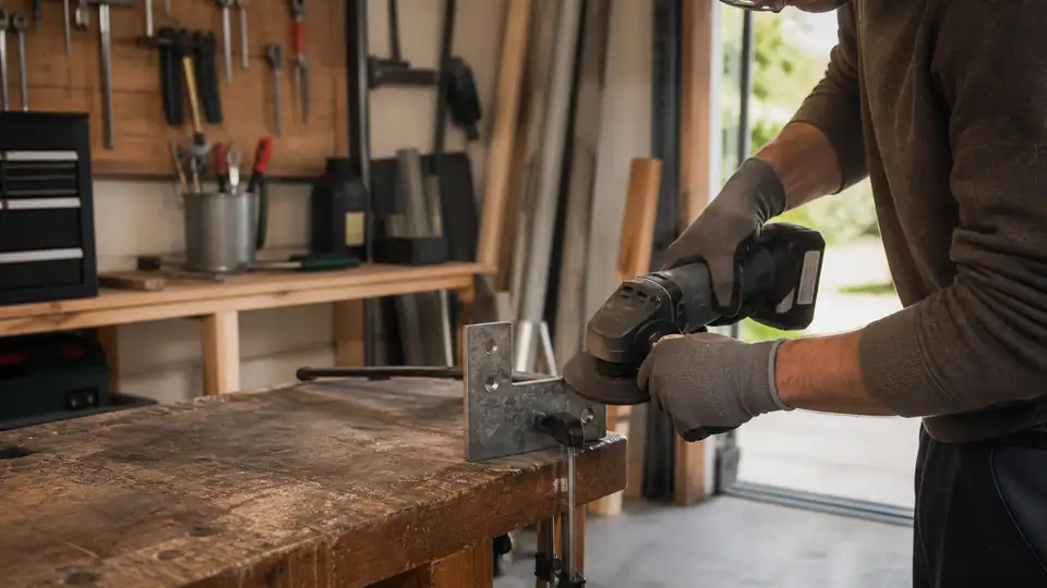 Heimwerker mit Akku-Winkelschleifer beim Bearbeiten eines Metallwinkels in der Garage
